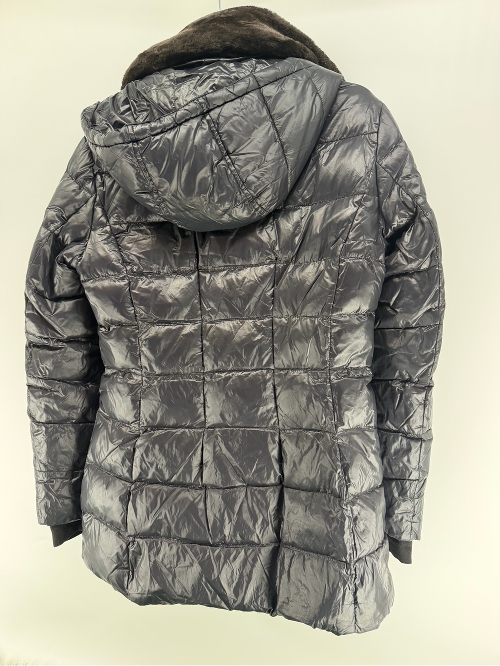 S13 Shiny Quilted Puffer Jacket with Faux Fur Collar - Black - Picture 2 of 7